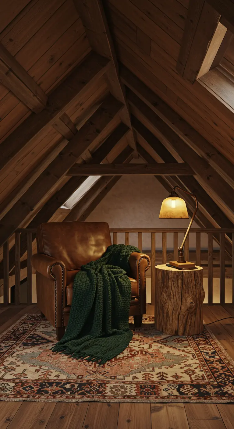 Sillón de cuero en un ático de madera con una manta verde, alfombra persa y lámpara cálida.