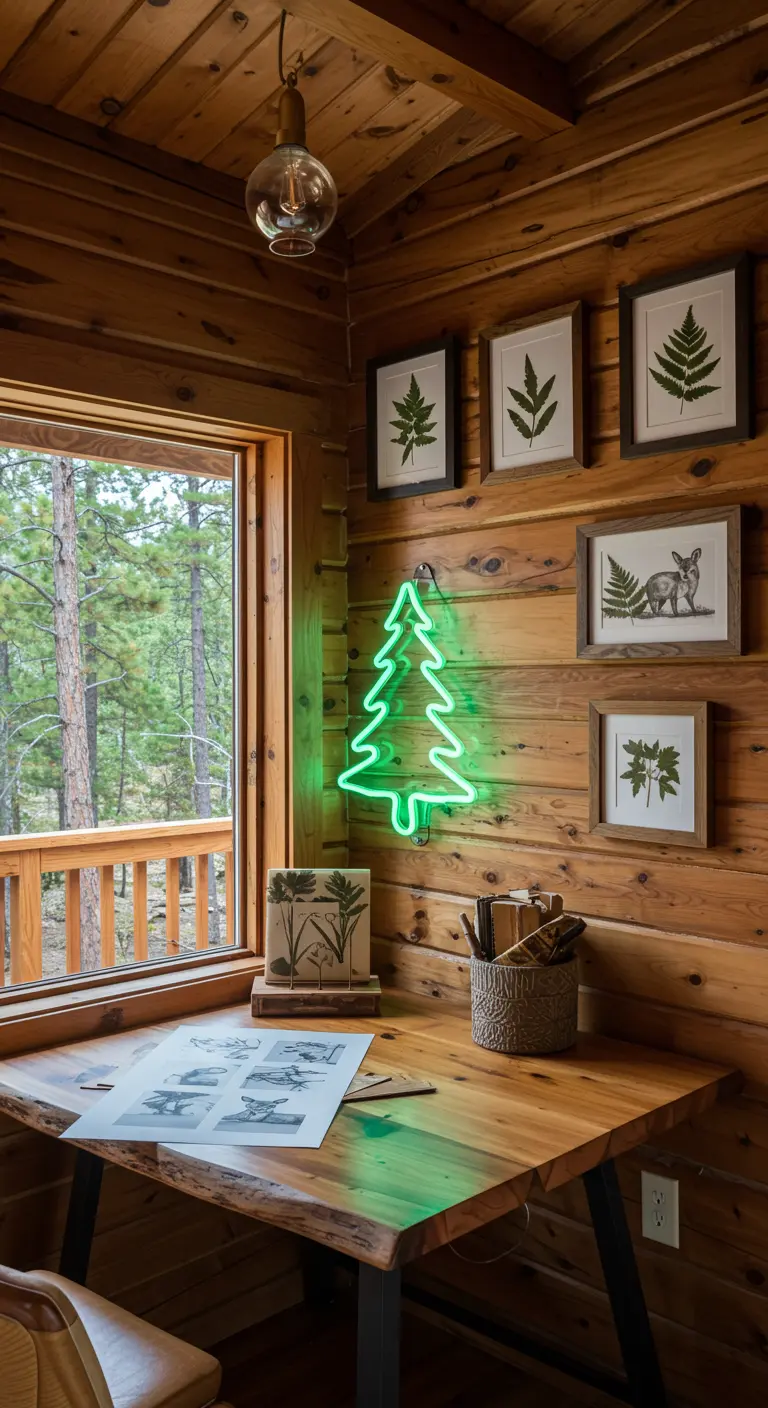 Rincón de trabajo en una cabaña de madera con un neón verde en forma de árbol.