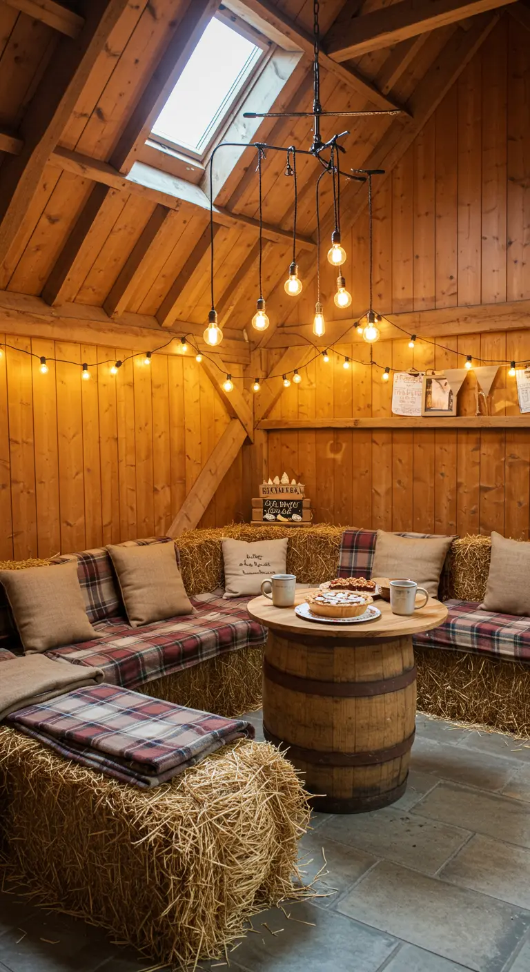Rincón acogedor en un granero con asientos de paja, mantas de cuadros y luces.