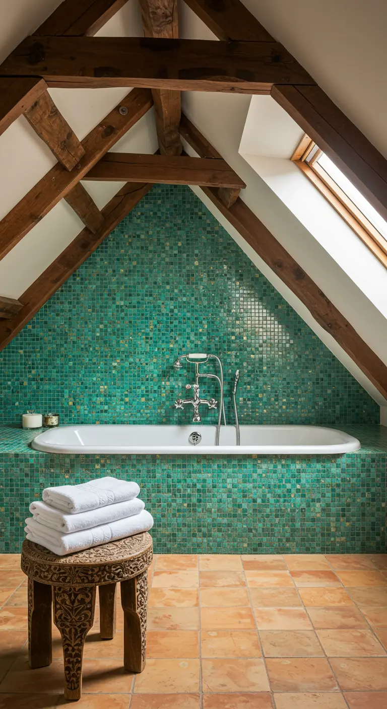 Baño abuhardillado con vigas de madera, pared de mosaico turquesa y suelo de terracota.