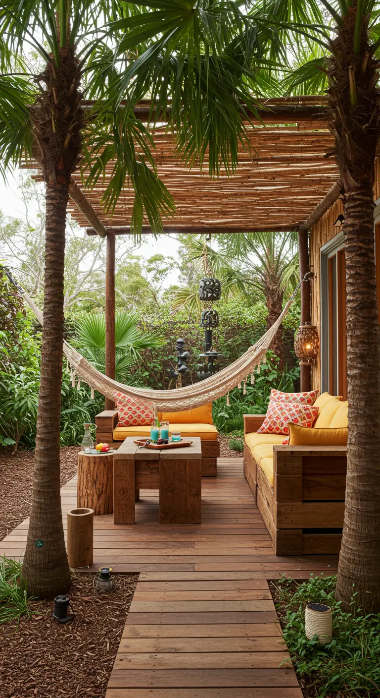 Terraza de madera con sofás hechos de palets, cojines amarillos y una hamaca de macramé