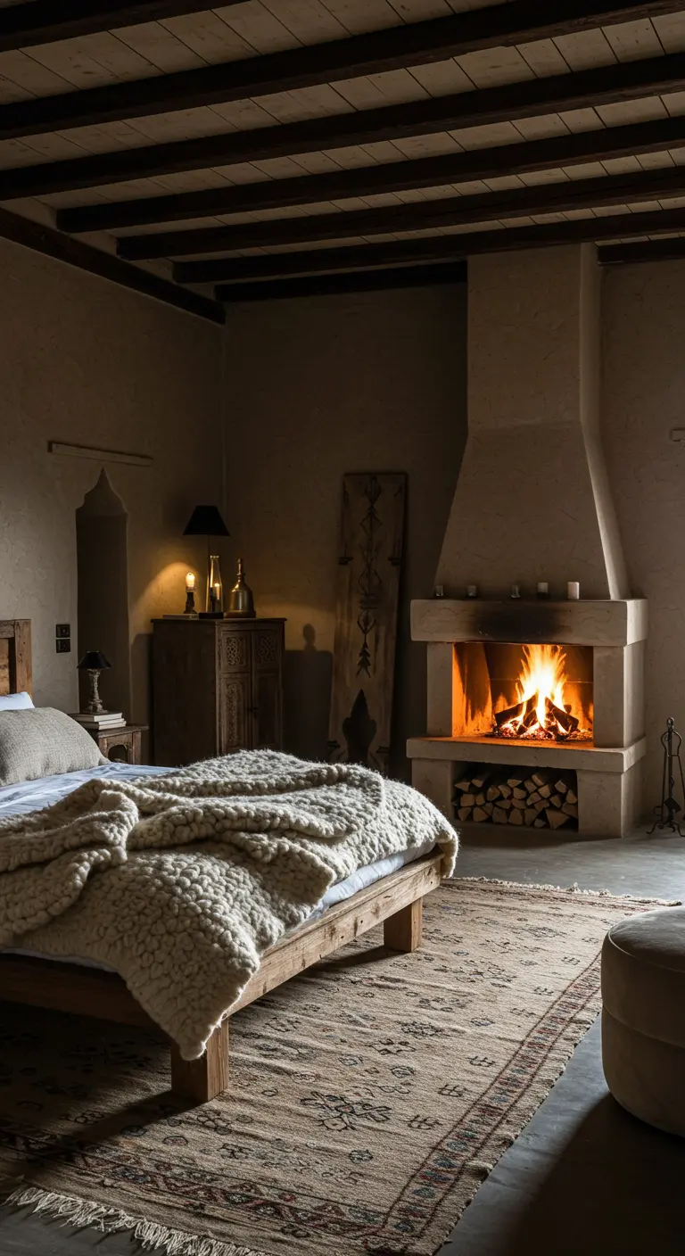 Dormitorio rústico marroquí con chimenea de obra encendida, vigas de madera y una manta de lana gruesa.