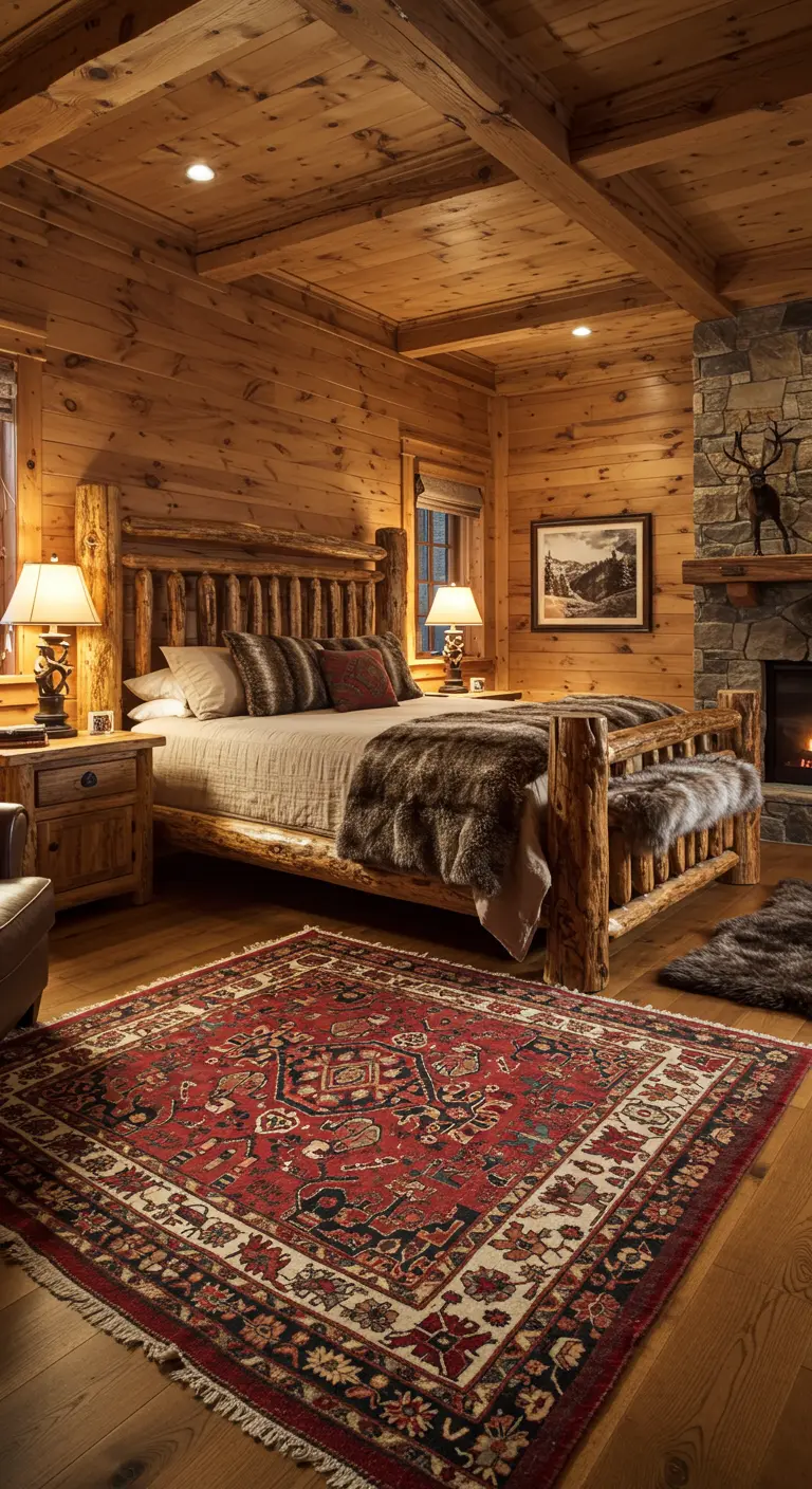 Dormitorio rústico tipo cabaña con cama de troncos y una gran alfombra persa roja.