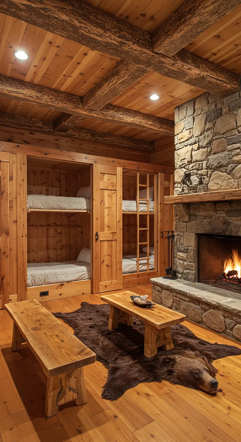 Literas empotradas en madera rústica con puertas correderas en una cabaña.