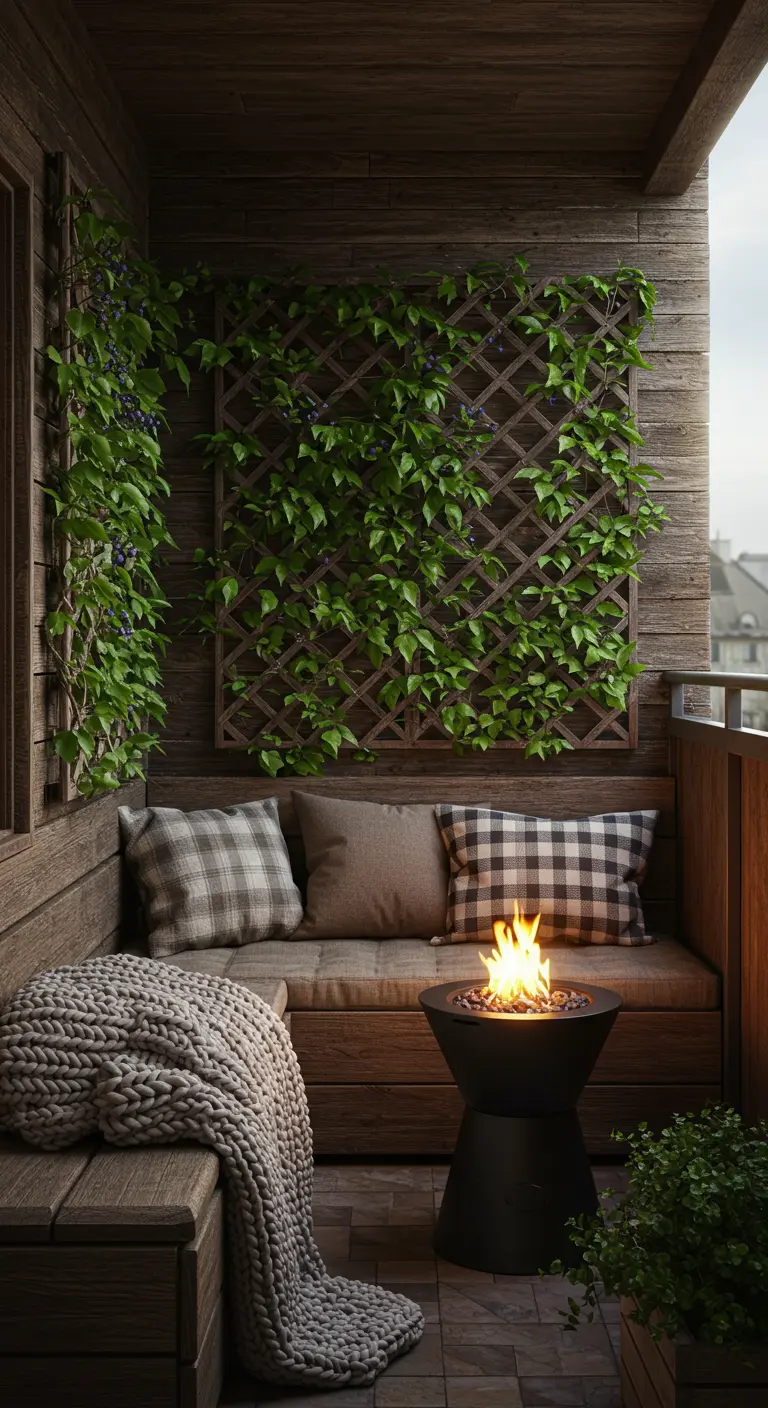 Balcón de madera con un banco con cojines, una celosía con plantas y un pequeño brasero.
