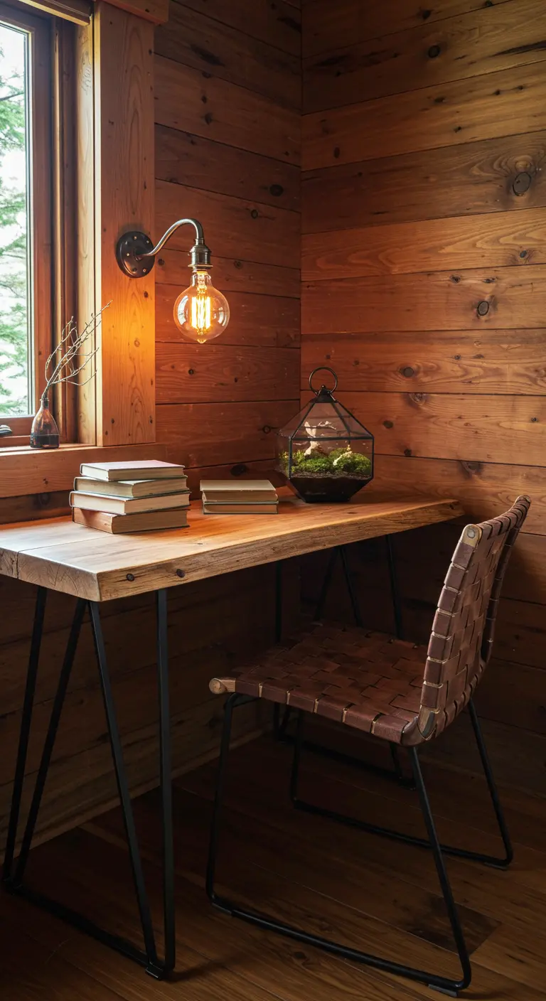 Escritorio de madera en una cabaña con paredes de madera, silla de cuero y un terrario de cristal.