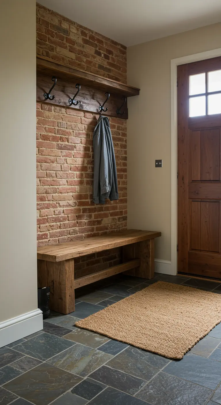 Entrada rústica con pared de ladrillo, banco y perchero de madera maciza con ganchos de forja.