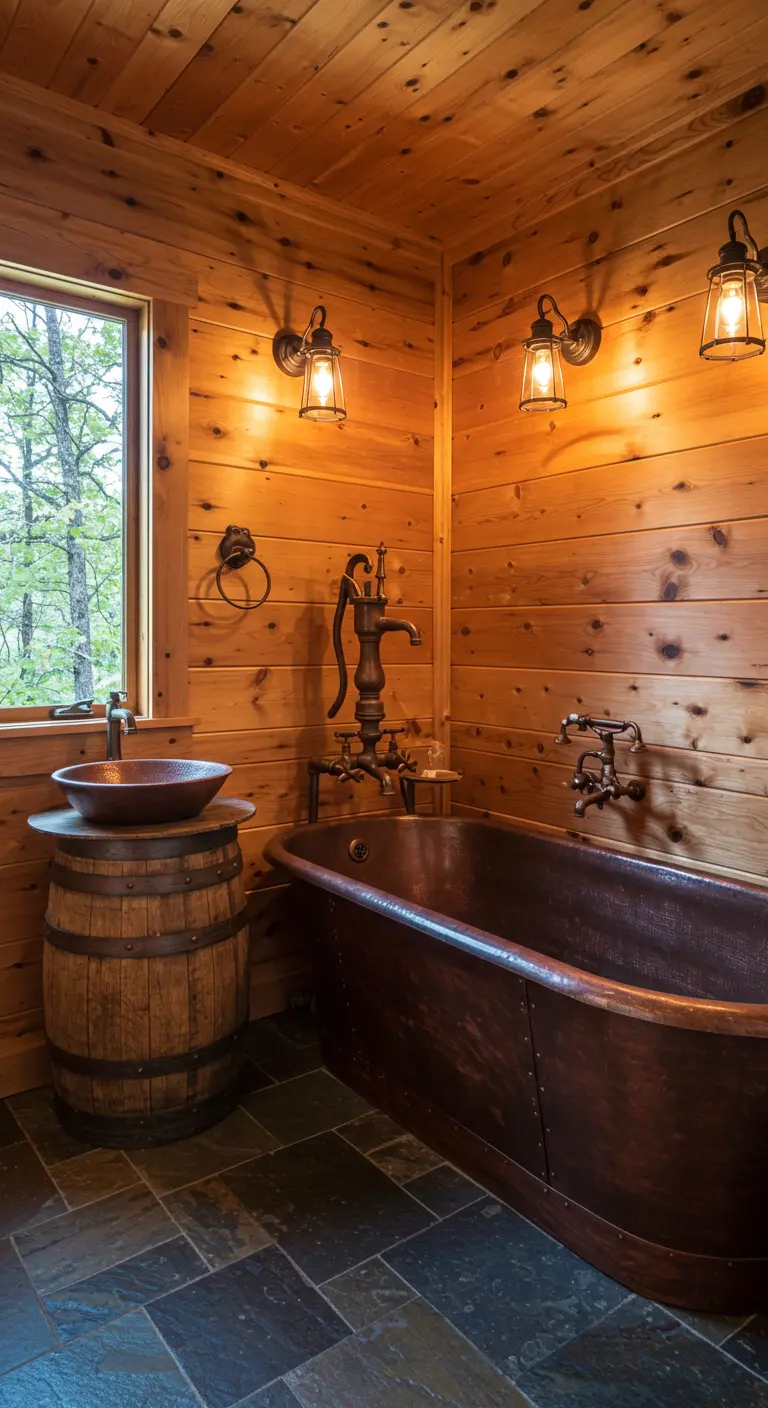 Baño rústico de cabaña con paredes de madera, bañera y lavabo de cobre.