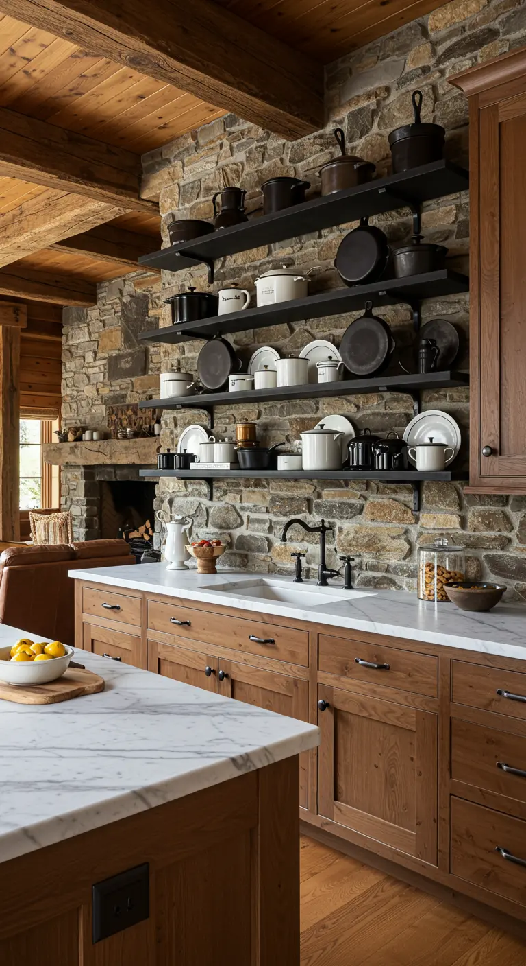 Cocina rústica con pared de piedra, vigas de madera y estanterías negras de hierro.