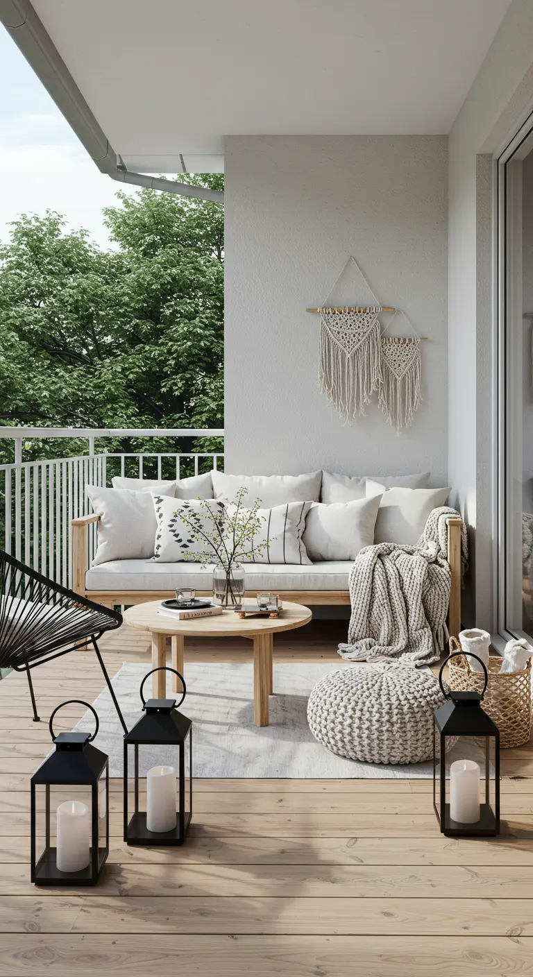 Balcón minimalista con sofá de madera, cojines neutros y faroles negros.