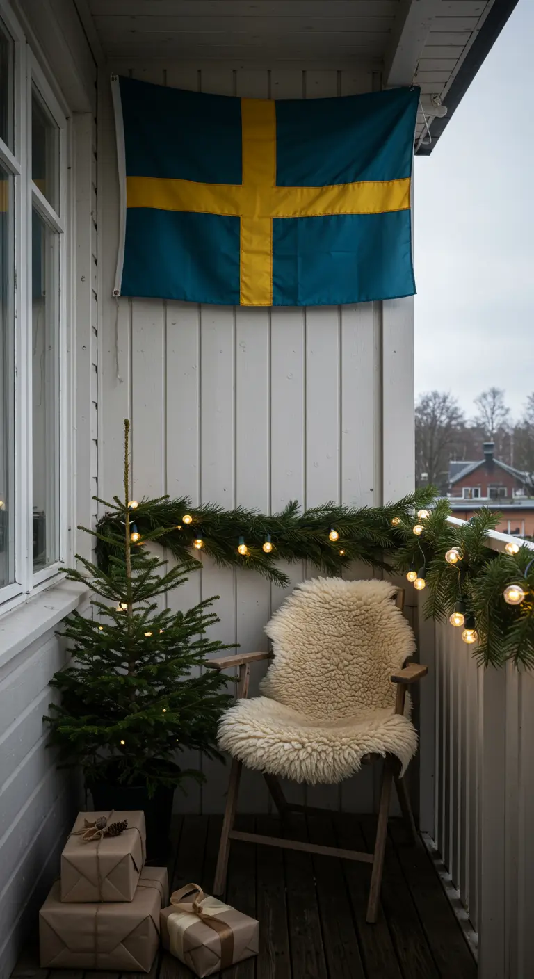Balcón de estilo escandinavo con la bandera de Suecia, guirnalda de pino y una silla con piel.