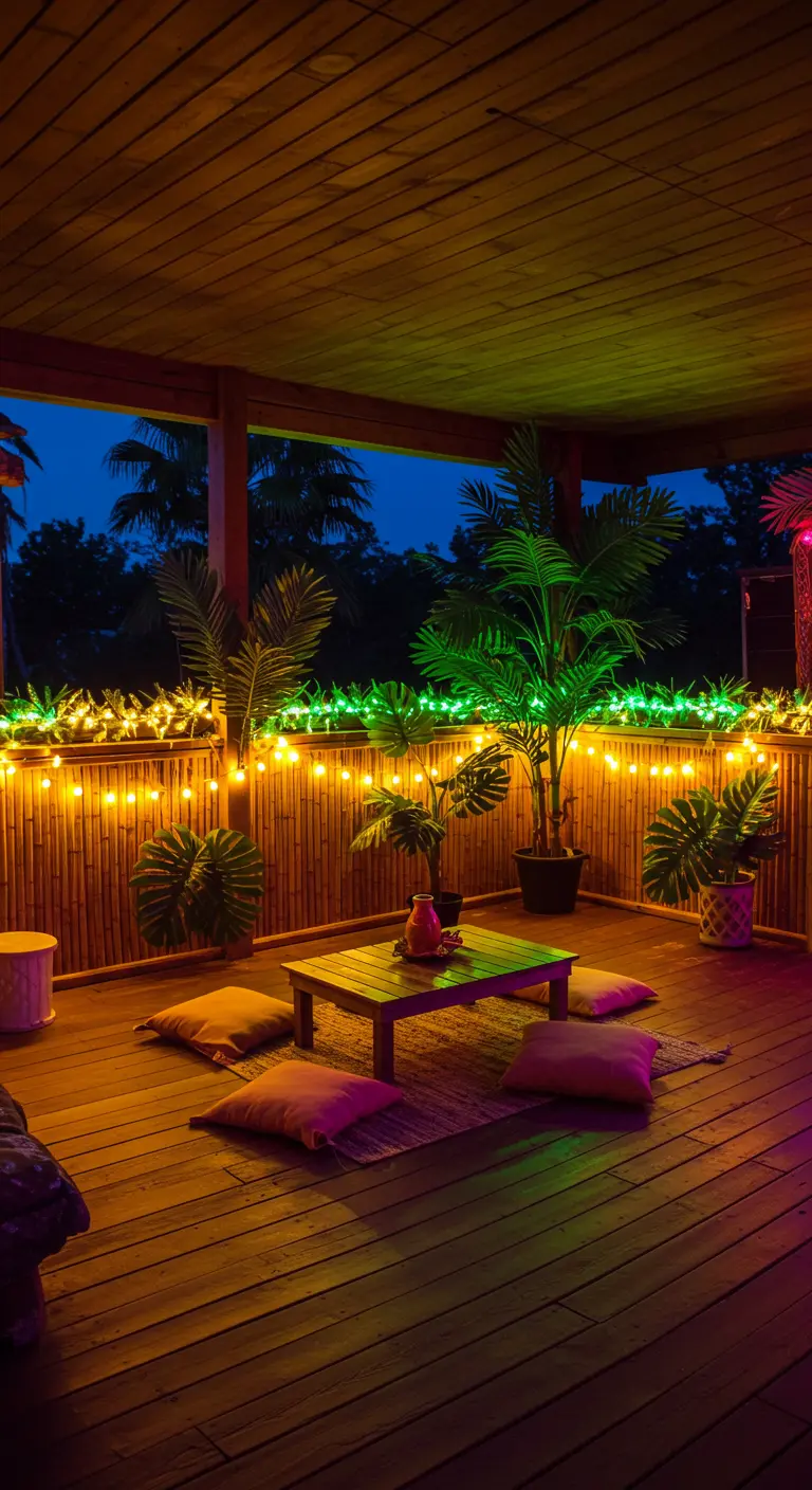Balcón de madera con decoración de bambú, plantas tropicales y luces LED cálidas y verdes