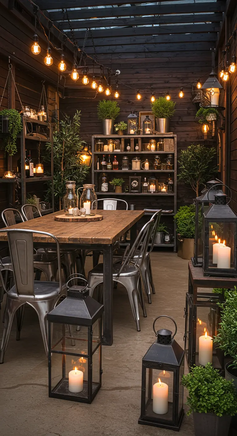 Patio cubierto de estilo industrial con mesa de madera, sillas metálicas y muchos faroles y luces.