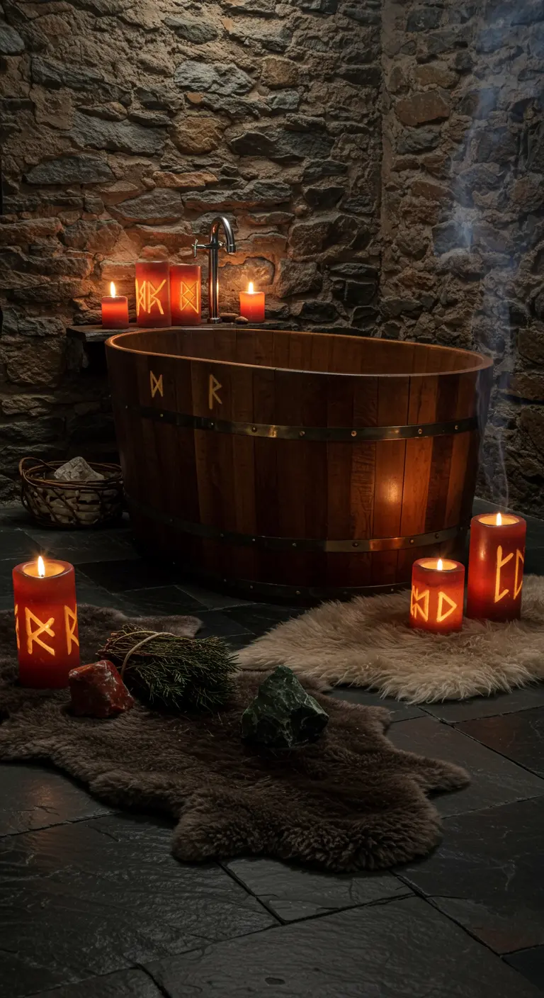 Baño de estilo nórdico con bañera de madera, velas con runas y alfombras de piel.