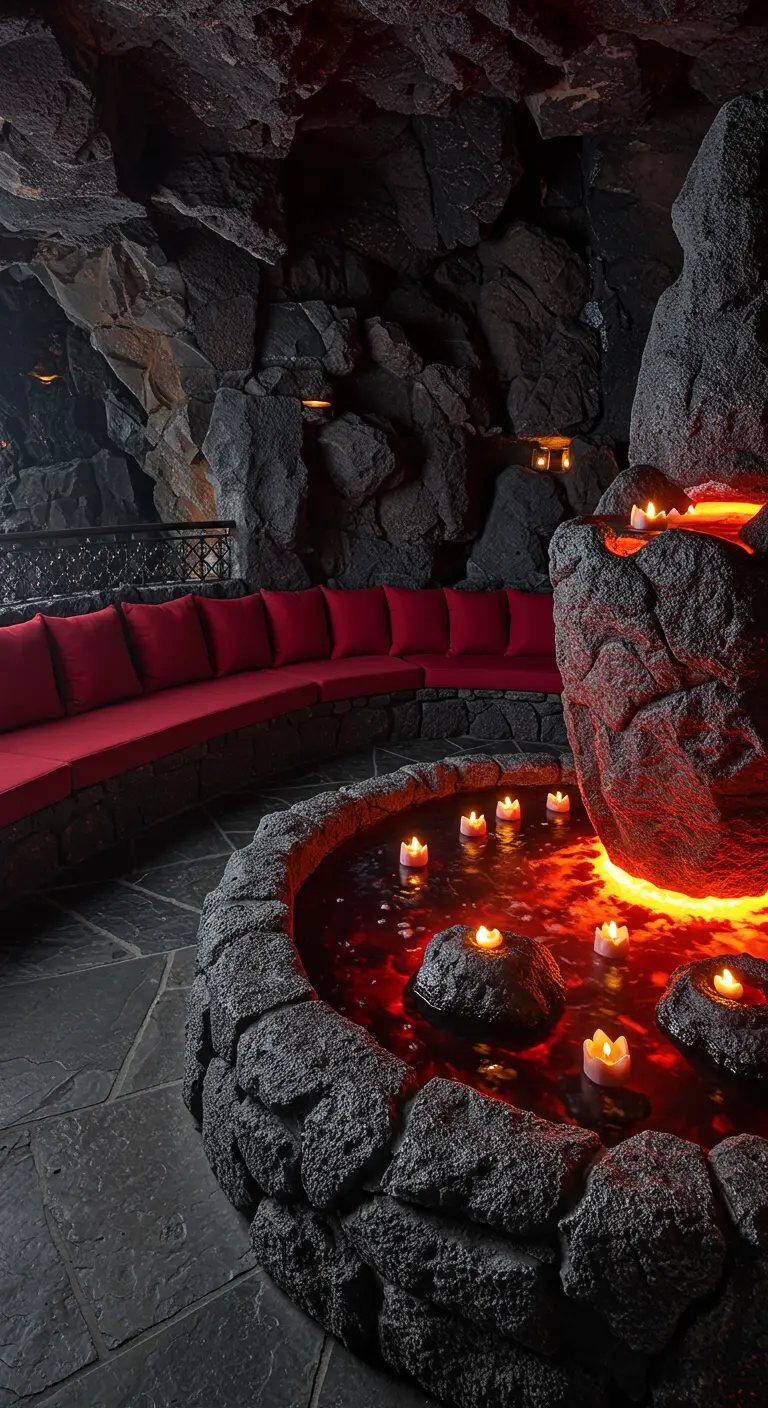 Espacio exterior en una cueva de roca volcánica con un sofá rojo y una fuente iluminada en tonos fuego