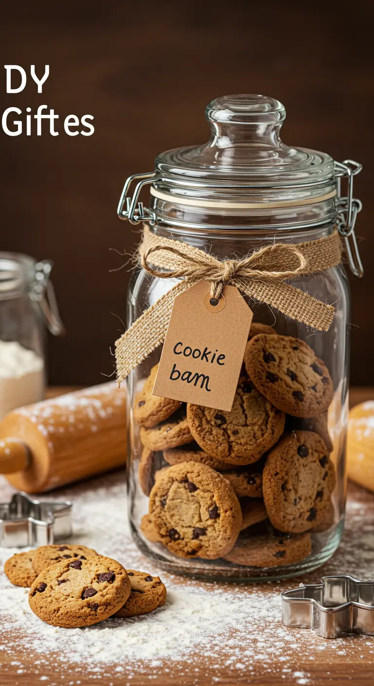 Frasco grande de galletas con chispas de chocolate, decorado con yute y una etiqueta.