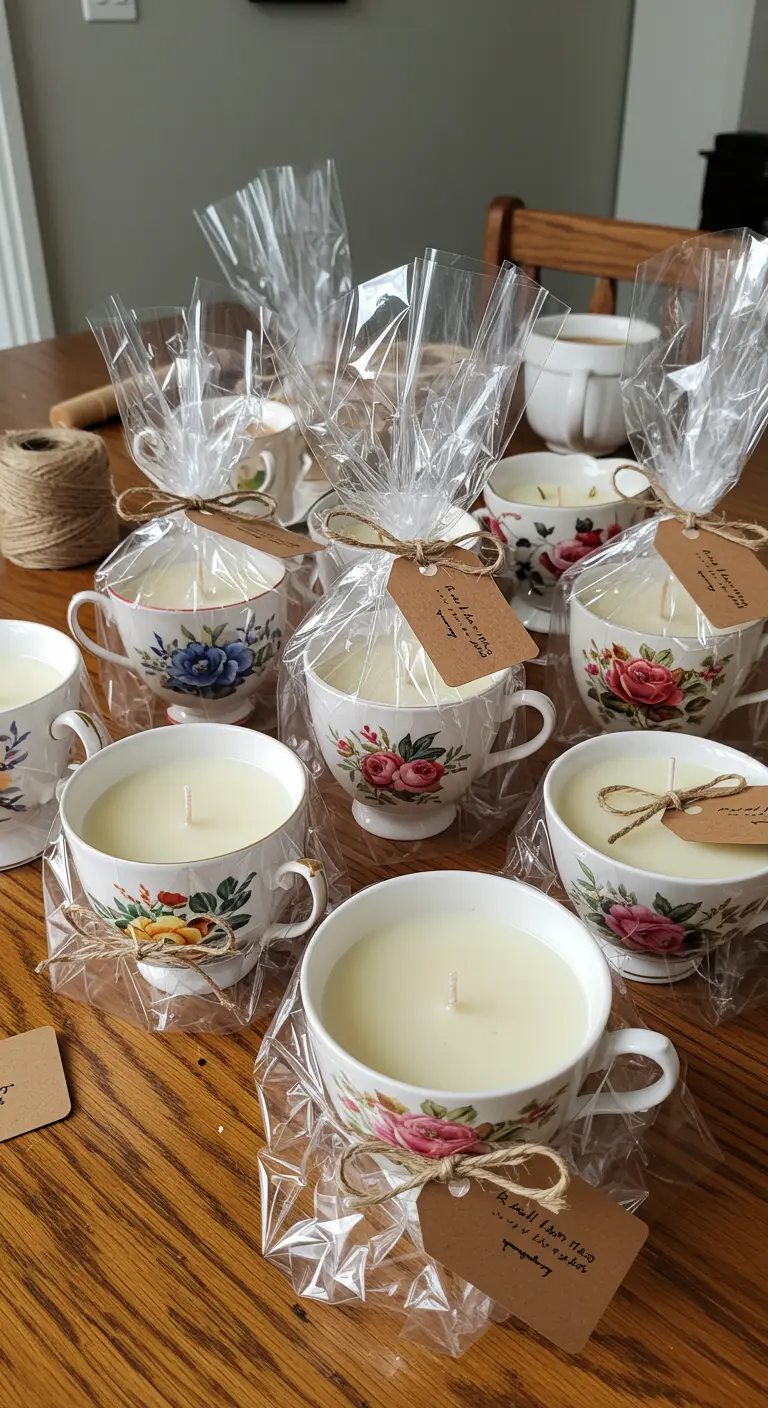 Varias velas en tazas de té florales envueltas en celofán con etiquetas de regalo