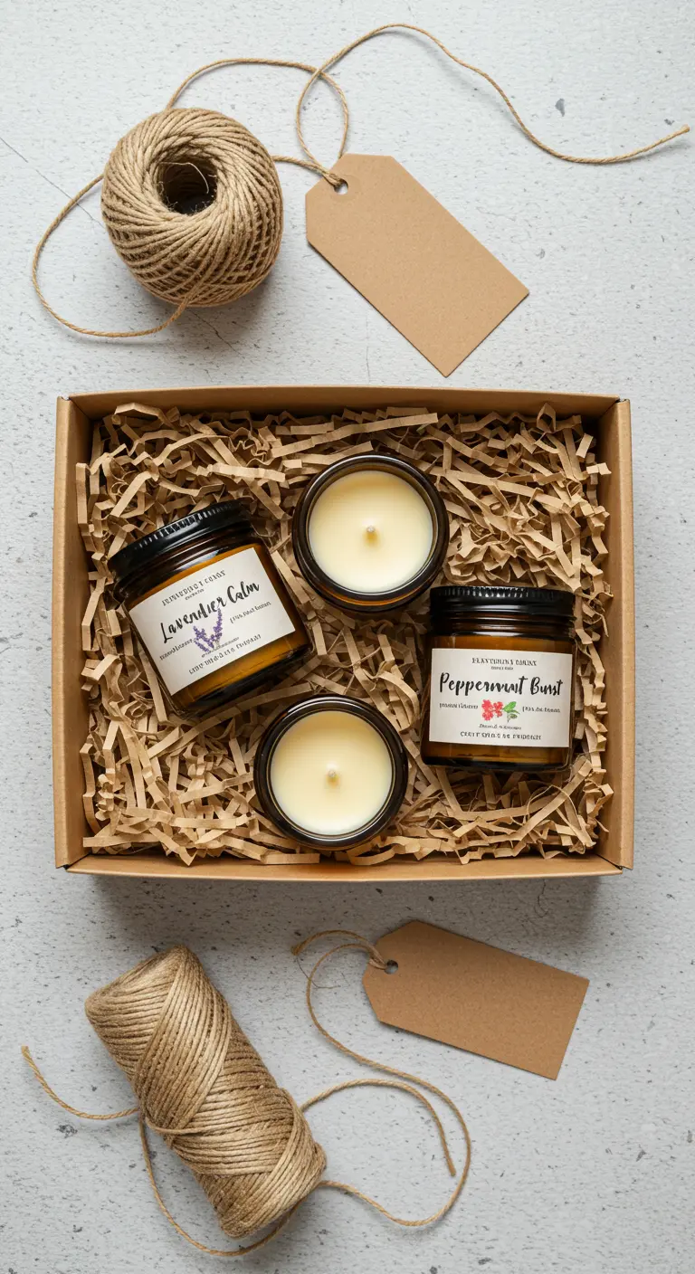 Caja de regalo con tres velas pequeñas en frascos de vidrio ámbar, sobre un lecho de papel kraft.