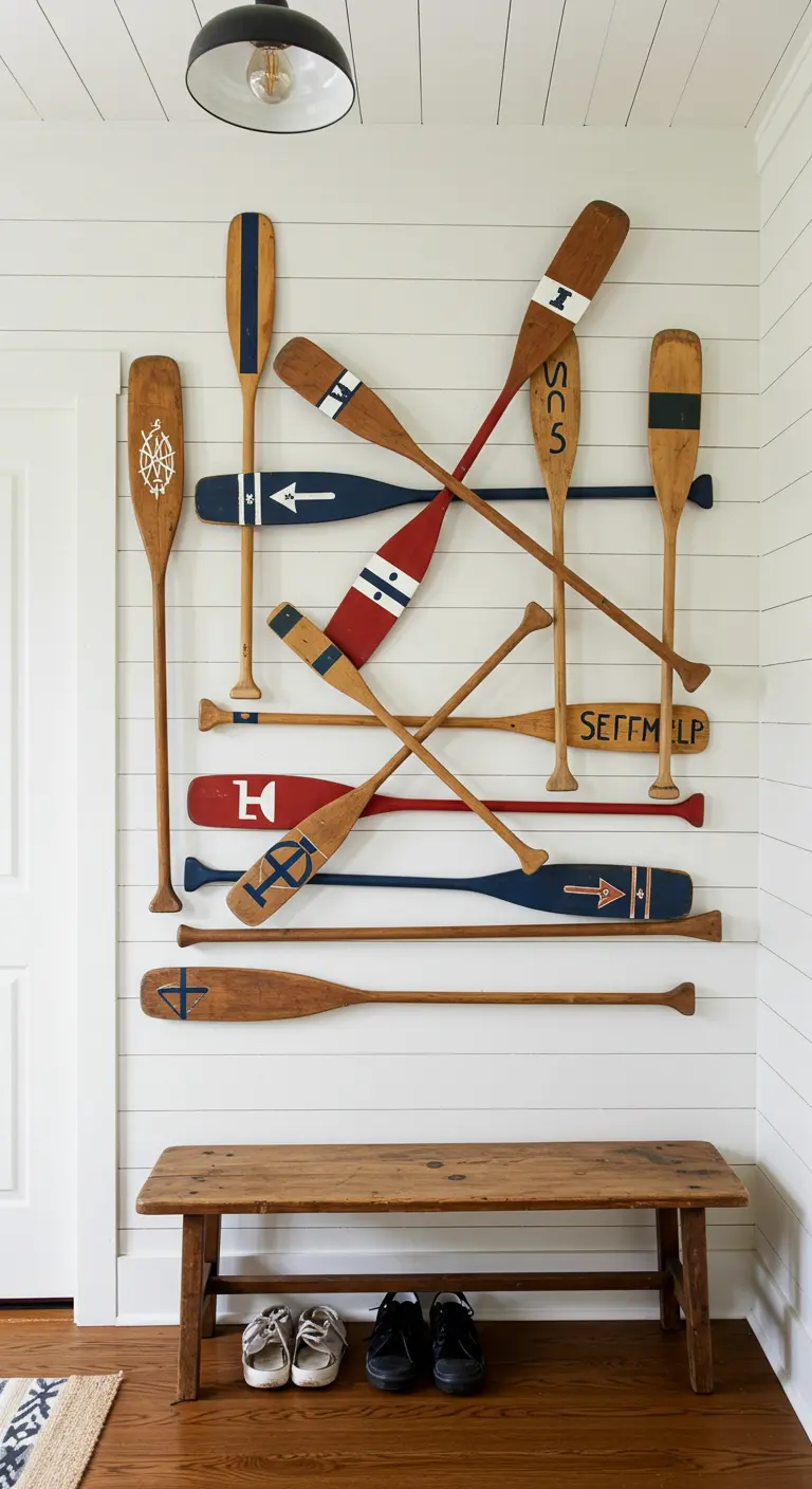 Colección de remos de barco de madera pintados y dispuestos artísticamente en una pared blanca.