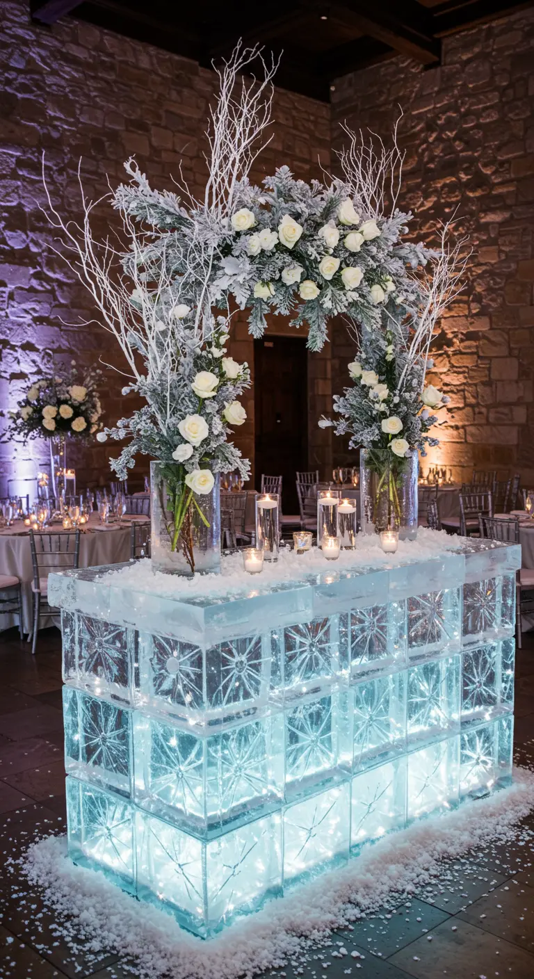 Barra de bar hecha de bloques de hielo iluminados, decorada con ramas blancas y rosas blancas.