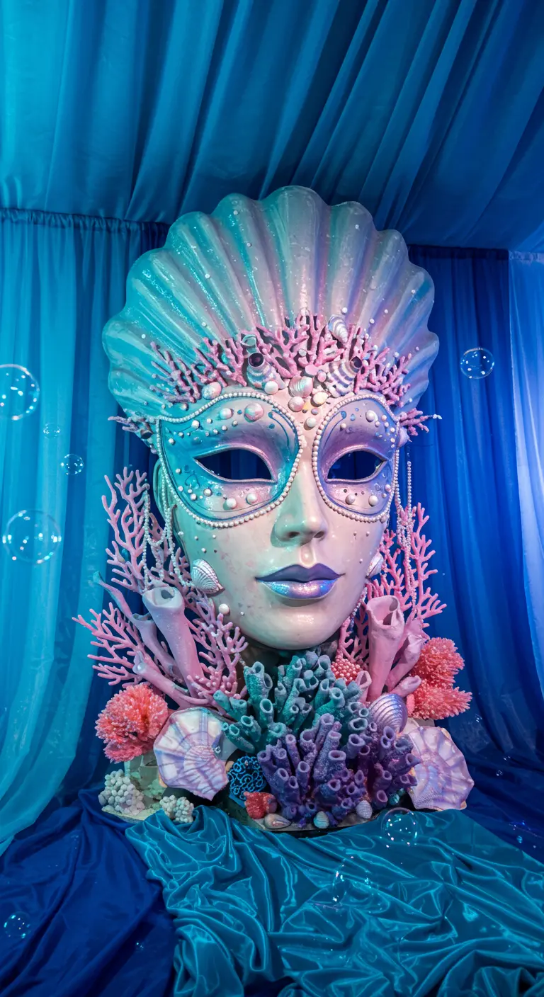 Máscara de carnaval con temática marina, decorada con corales, perlas y conchas.