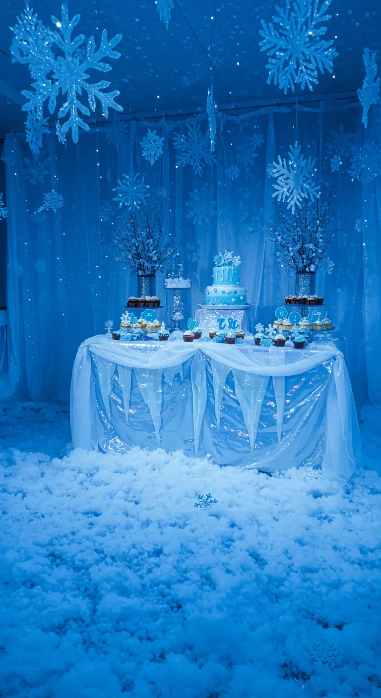 Fiesta temática de Frozen con una mesa de postres azul y blanca y decoración de nieve.