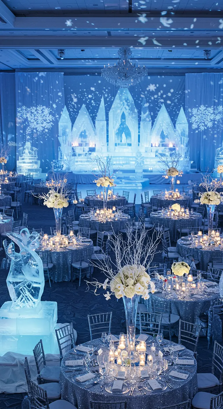 Salón de bodas decorado como un palacio de hielo con luces azules y centros de mesa blancos.