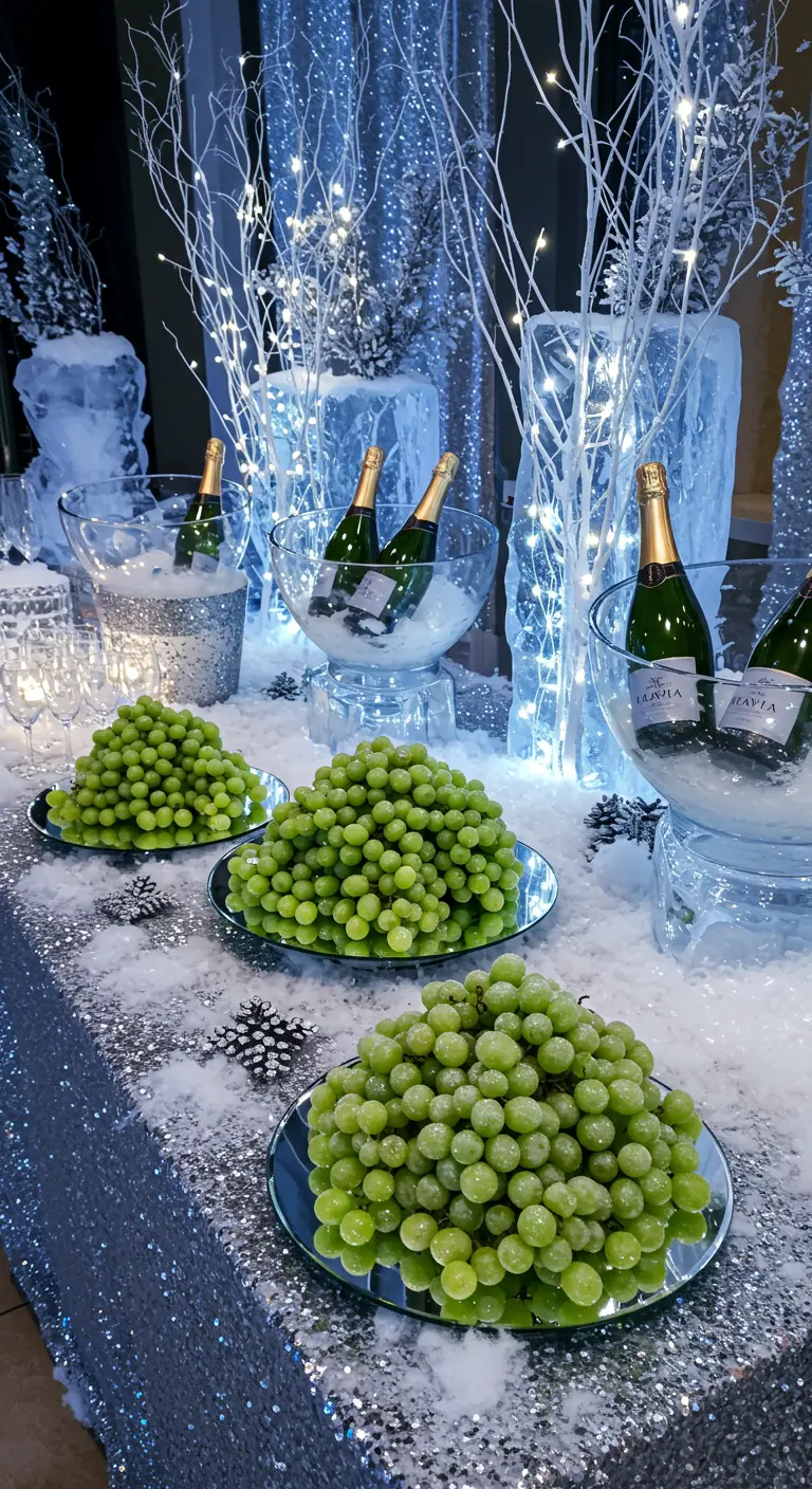 Mesa de fiesta invernal con nieve artificial, uvas verdes en platos de espejo y botellas de cava.