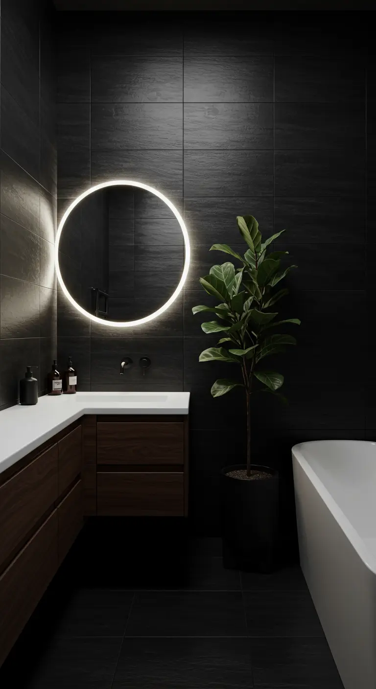 Baño oscuro con azulejos negros, un espejo redondo con luz LED y una planta alta.