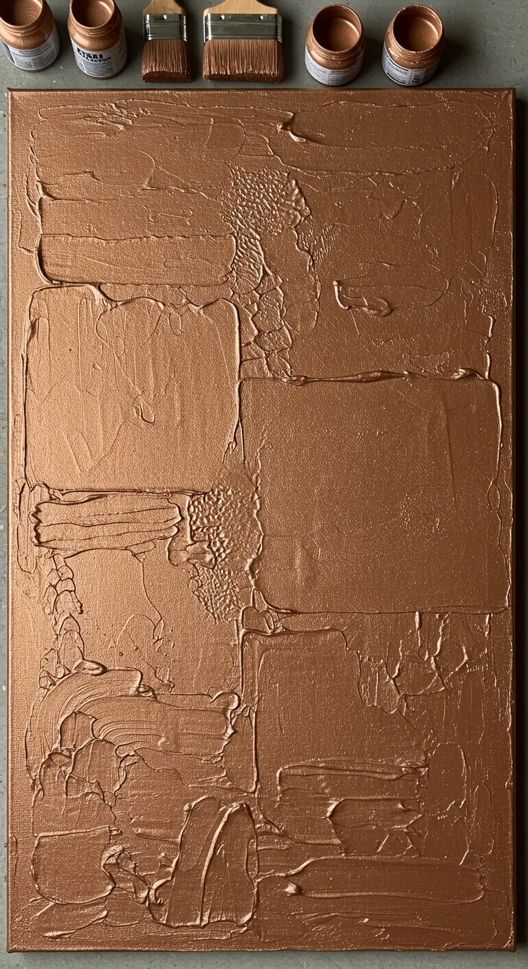 Lienzo completamente cubierto con pintura de cobre espesa y texturizada aplicada con espátula.