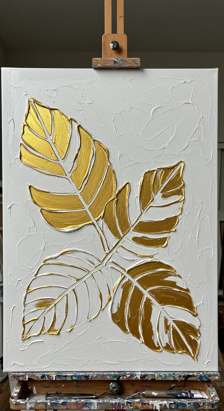 Lienzo blanco con hojas tropicales delineadas en relieve y cubiertas de pan de oro.