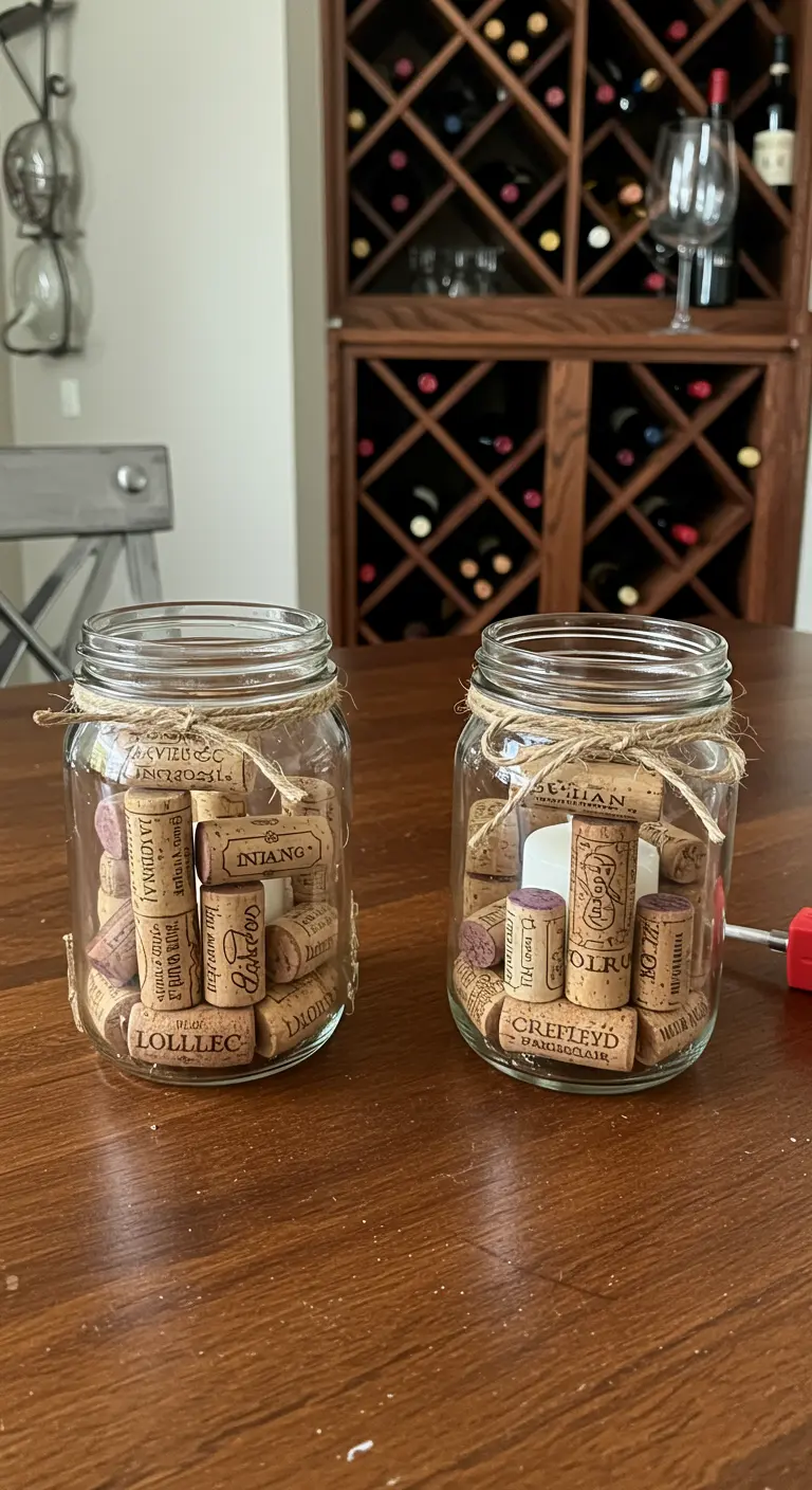 Dos frascos de vidrio rellenos de corchos de vino, con una vela en el centro y atados con cuerda.