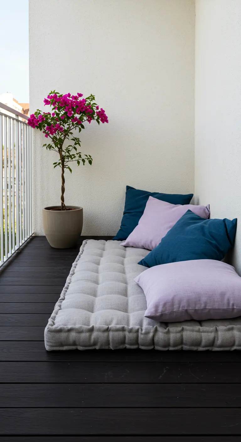 Balcón minimalista con un colchón de suelo gris y cojines en tonos azules y lilas.