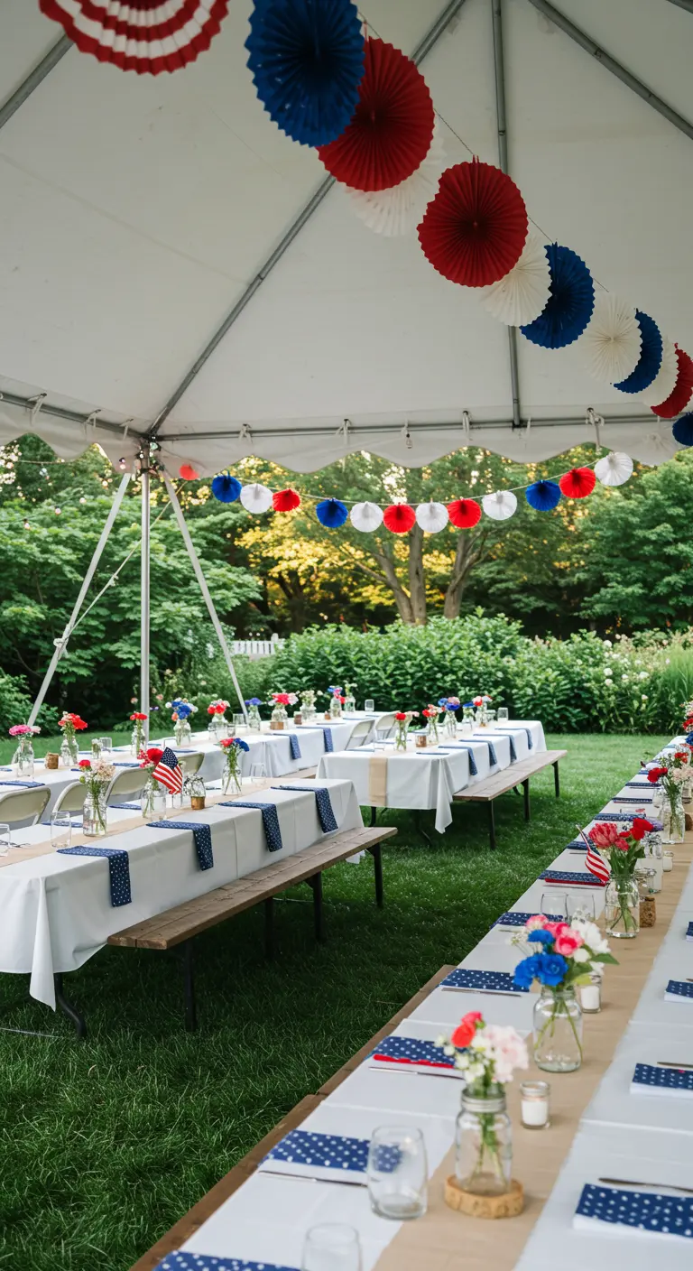 Mesas largas de picnic bajo una carpa blanca decorada con abanicos de papel rojos, blancos y azules.