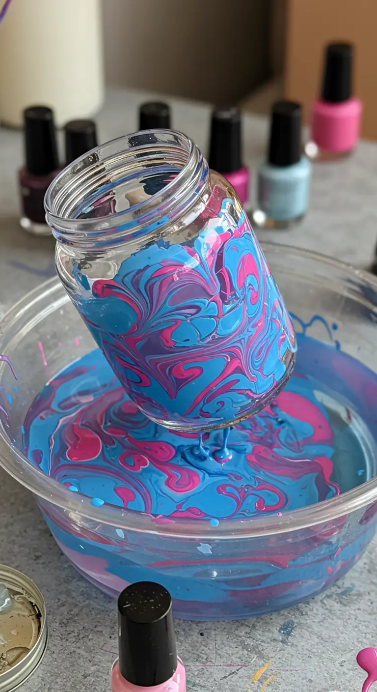 Un frasco de vidrio siendo sumergido en un bol de agua con esmaltes de uñas de colores rosa y azul.