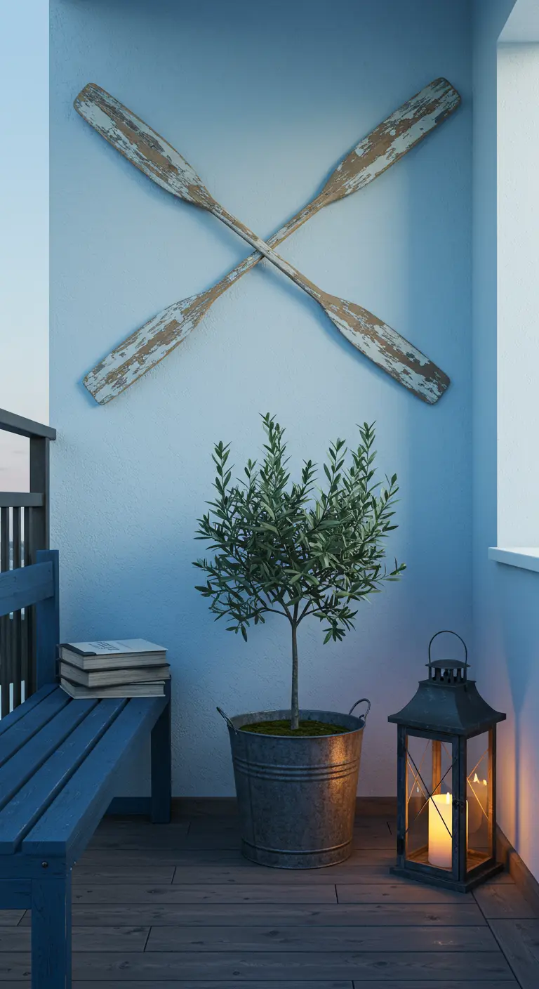 Pared de balcón azul pálido decorada con dos remos de madera envejecidos cruzados en forma de X.