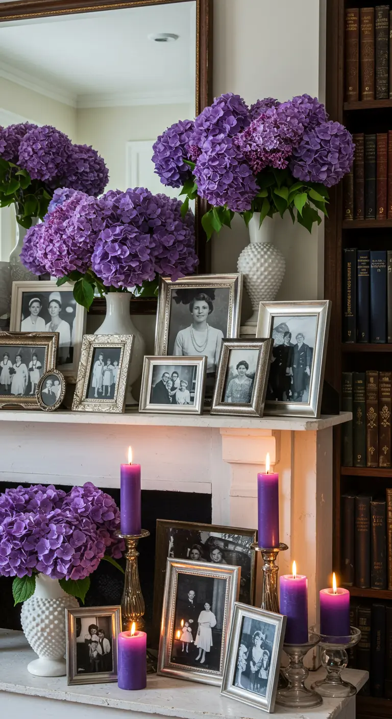 Repisa de chimenea con hortensias moradas, fotos familiares en marcos de plata y velas.