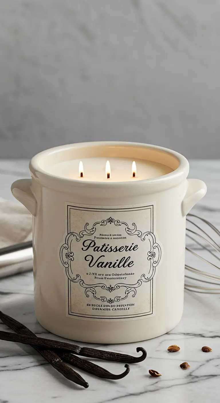 Vela de vainilla con tres pabilos en un recipiente de cerámica blanca, con una etiqueta de estilo francés.