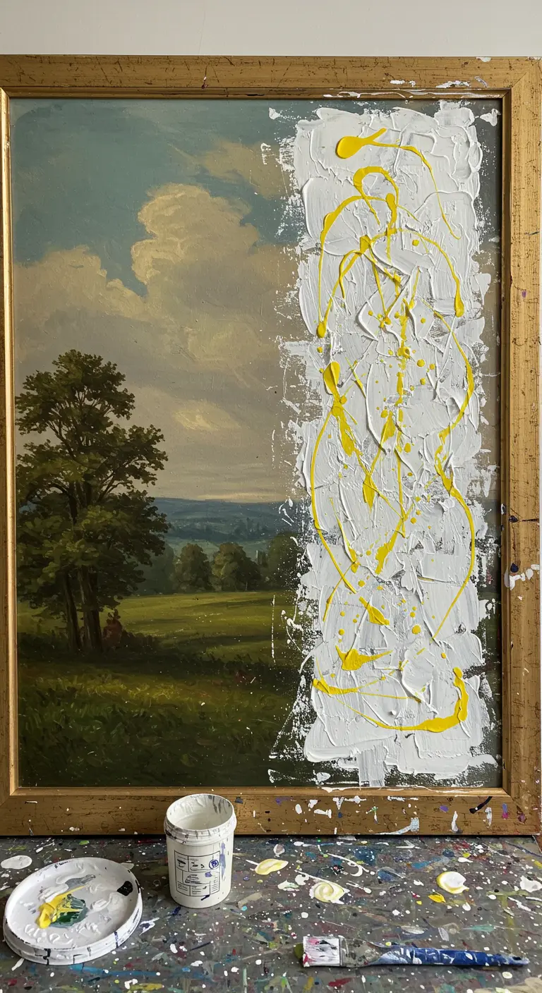Cuadro de paisaje clásico parcialmente cubierto con pintura blanca texturizada y salpicaduras amarillas.