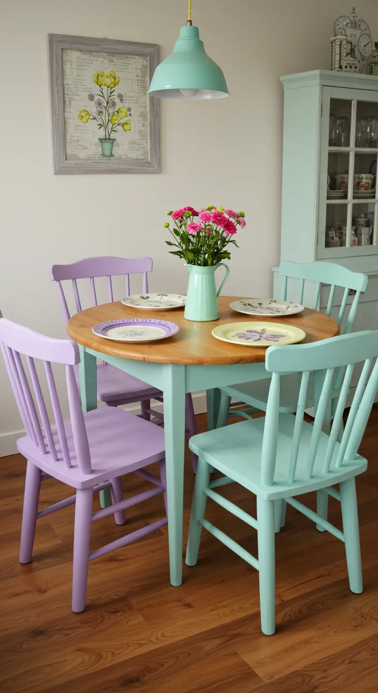 Comedor alegre con sillas de madera de diferentes estilos pintadas en colores pastel como lila y menta.