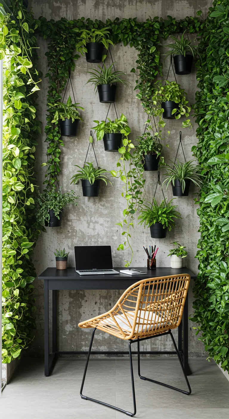 Oficina con una pared de cemento cubierta de plantas trepadoras y colgantes en macetas negras