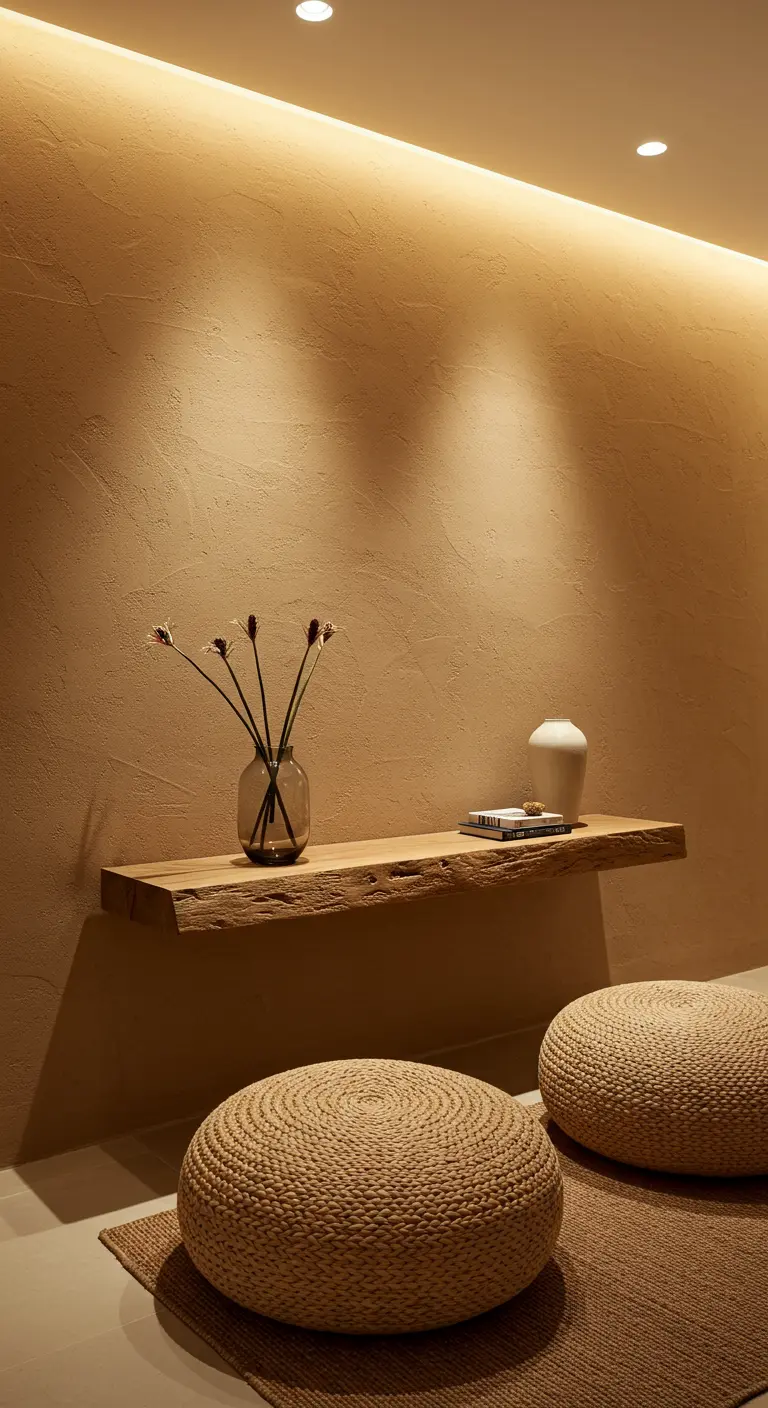 Rincón zen con iluminación indirecta, balda de madera y pufs de fibra
