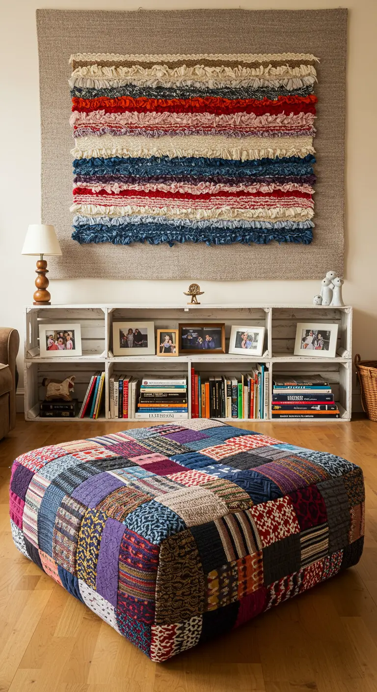 Puf de patchwork multicolor frente a una estantería hecha con cajas de madera blancas.