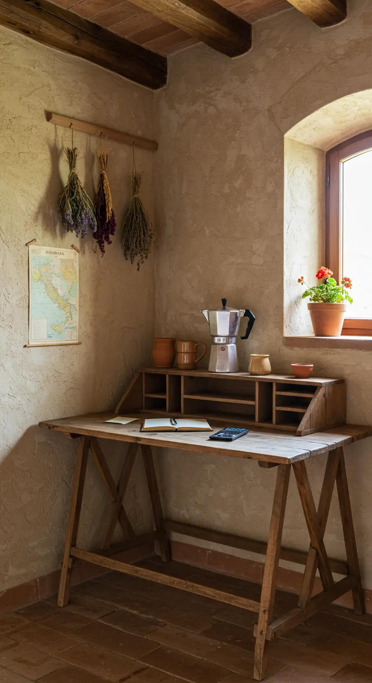 Escritorio de madera rústico en una esquina de estilo toscano con hierbas secas colgadas.