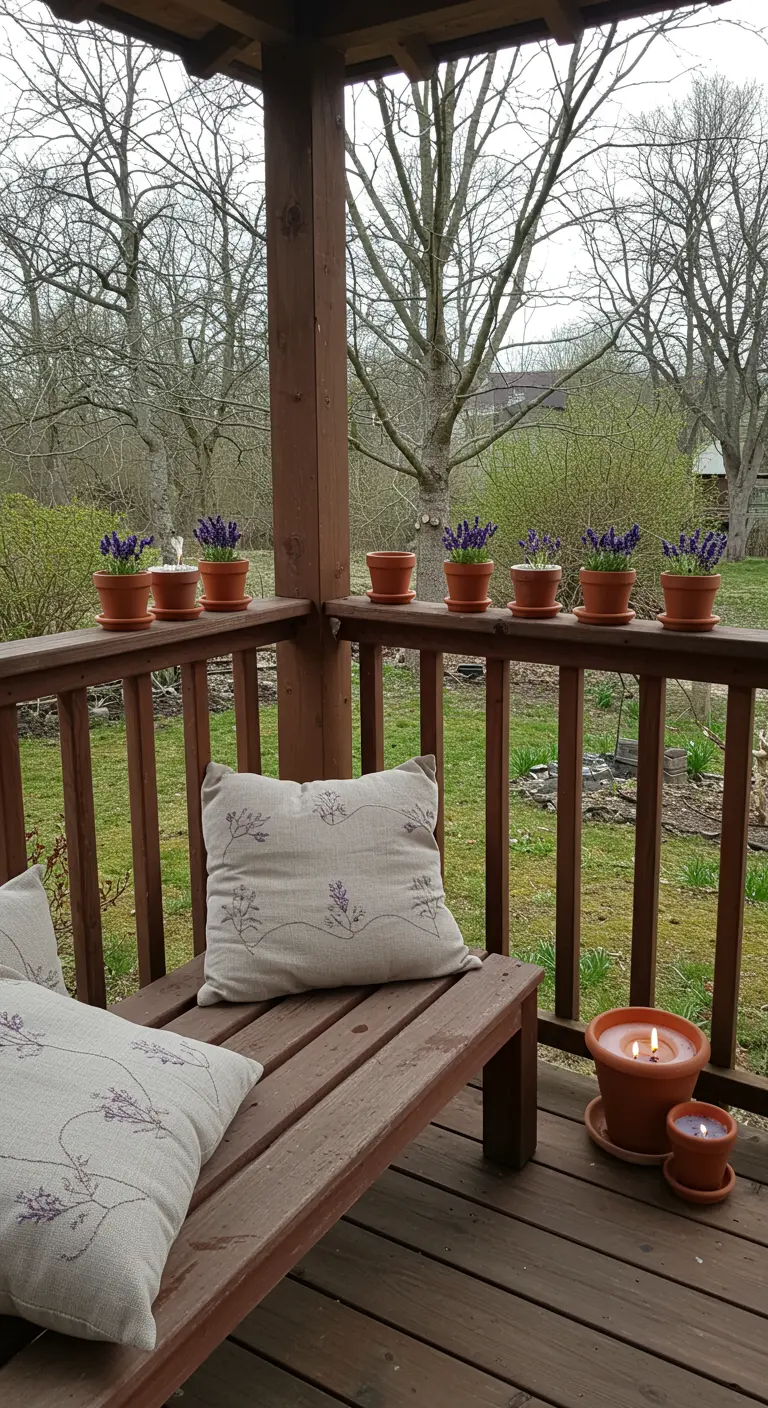 Banco de madera en un porche con cojines bordados, velas y macetas de lavanda.
