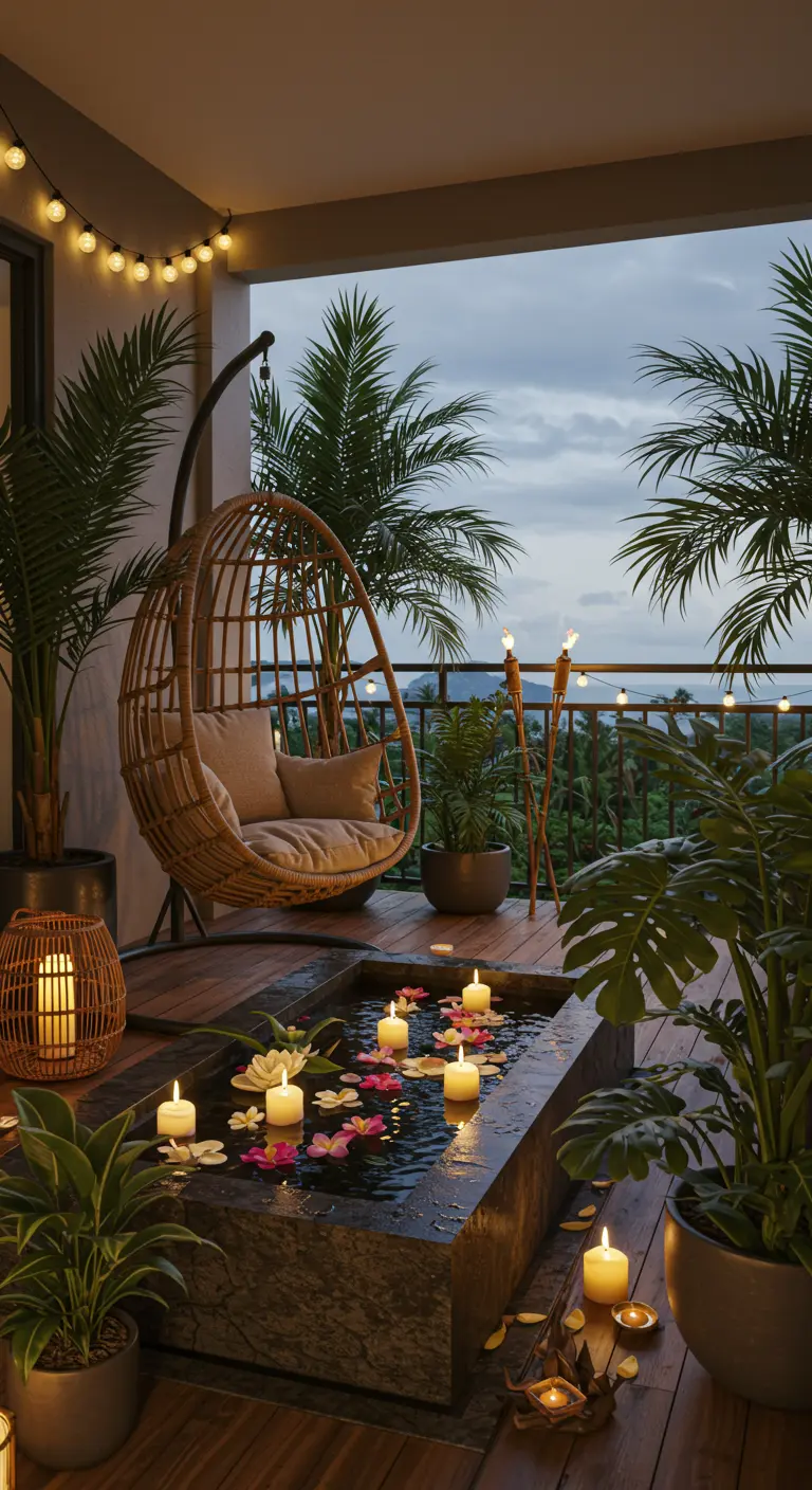 Balcón tropical con sillón colgante, fuente con flores y velas, y muchas plantas exóticas