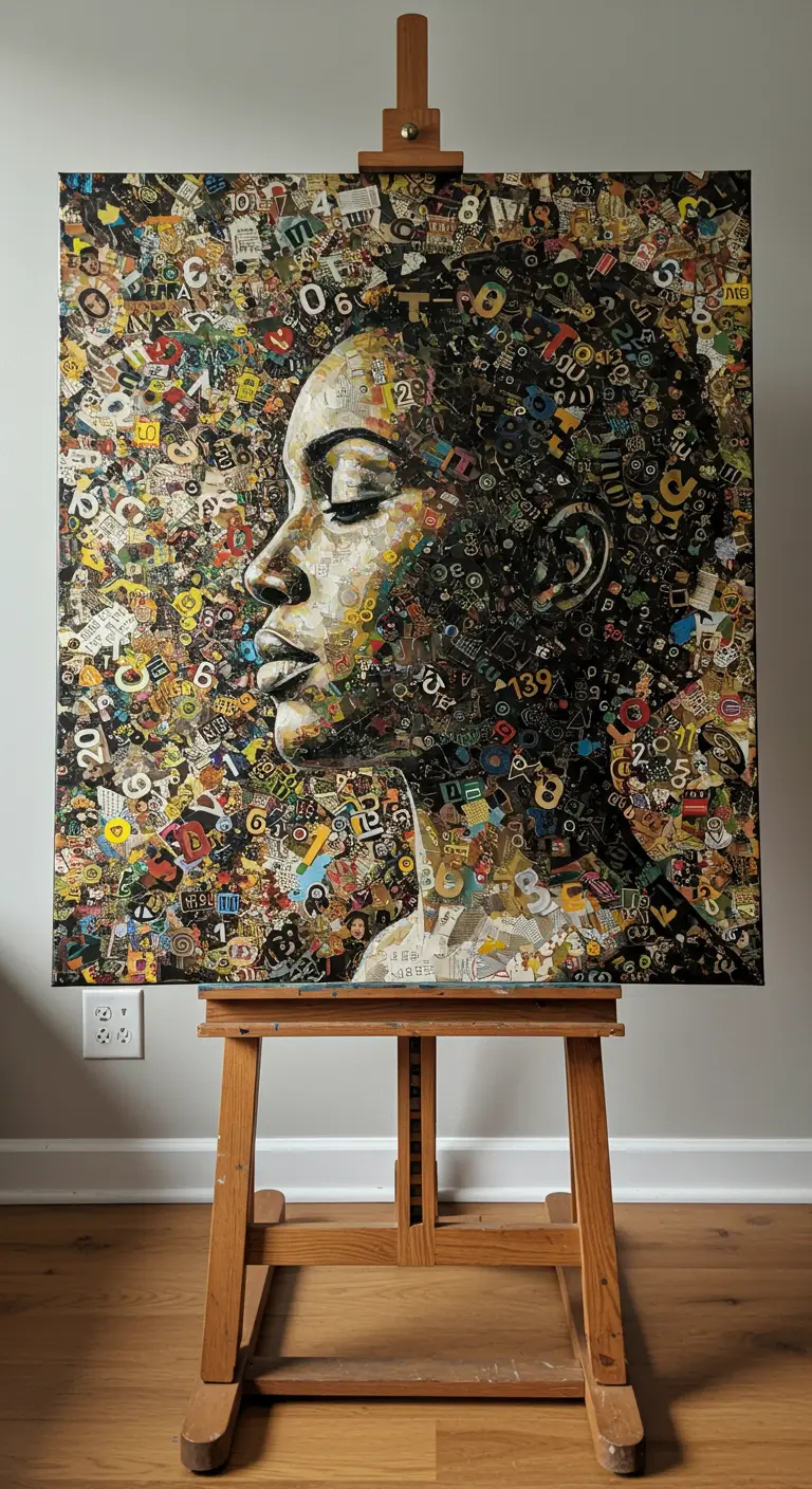 Retrato de perfil de una mujer hecho con un denso collage de letras y números de revistas.