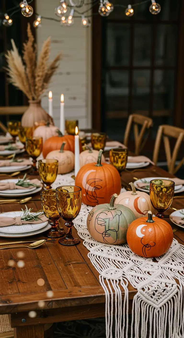 Mesa de comedor rústica con calabazas pintadas con diseños de rostros abstractos de una sola línea.