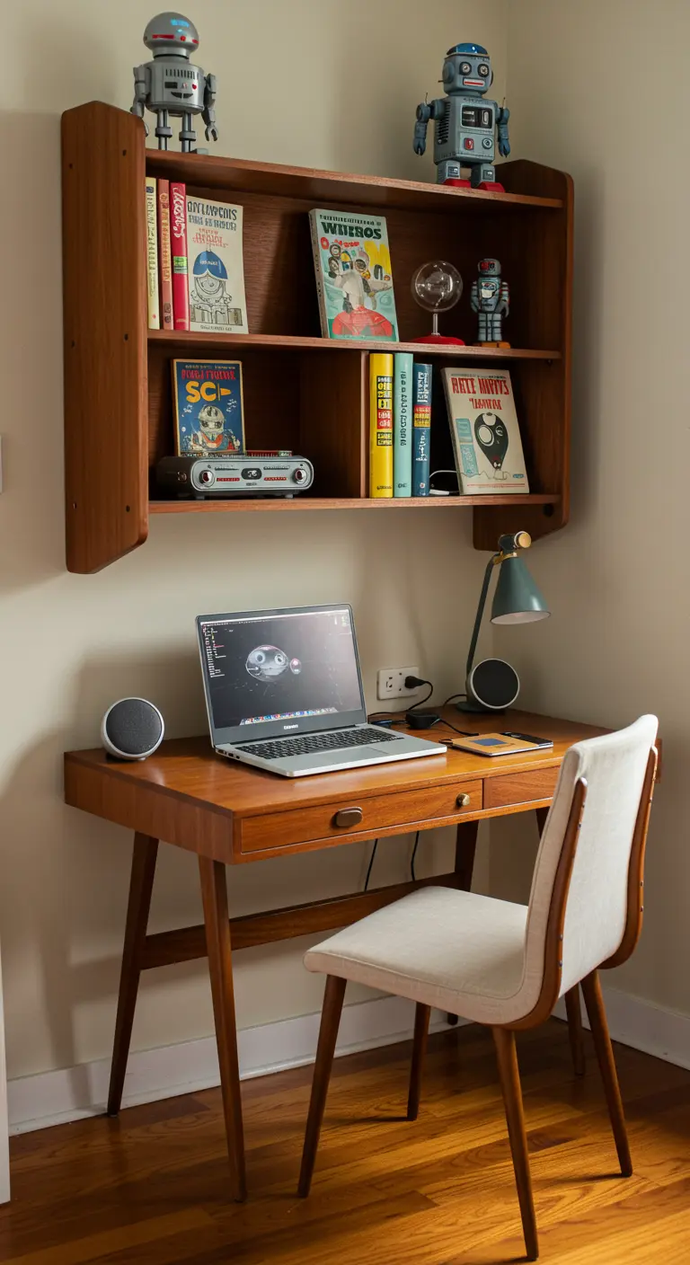 Escritorio de madera de estilo mid-century modern con estantería y colección de robots de juguete.