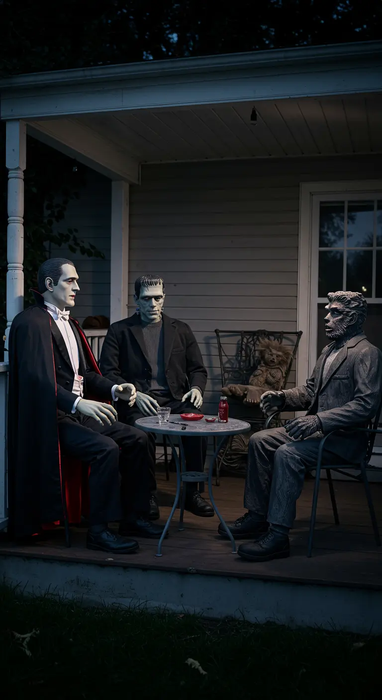 Figuras de Drácula, Frankenstein y el Hombre Lobo sentadas en un porche conversando.